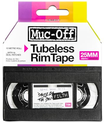 Muc Off Tubeless Felgenband, 25 mm - druckempfindliches Felgenband für Schlauchlose Fahrradreifen - 10-Meter-Rolle mit 4 Dichtungsflicken