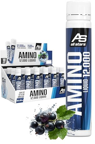 ALL STARS Amino Liquid 18 x 25ml Black Currant - Flüssiger Aminosäuren Komplex hochdosiert 12.000mg mit 12g Protein pro Portion, Nahrungsergänzungsmittel für Sportler