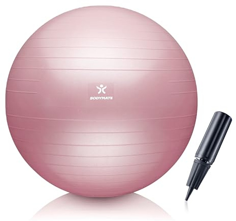 BODYMATE Gymnastikball Sitzball Trainingsball mit GRATIS E-Book inkl. Luft-Pumpe, Ball für Fitness, Yoga, Gymnastik, Core Training, für starken Rücken als Büro-Stuhl Rose 65cm