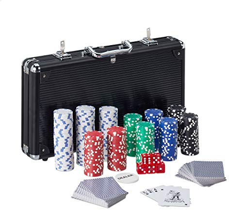 Relaxdays Pokerkoffer, 300 Pokerchips ohne Wert, 2 Kartendecks, 5 Würfel, Dealerbutton, abschließbar, Aluminium, schwarz