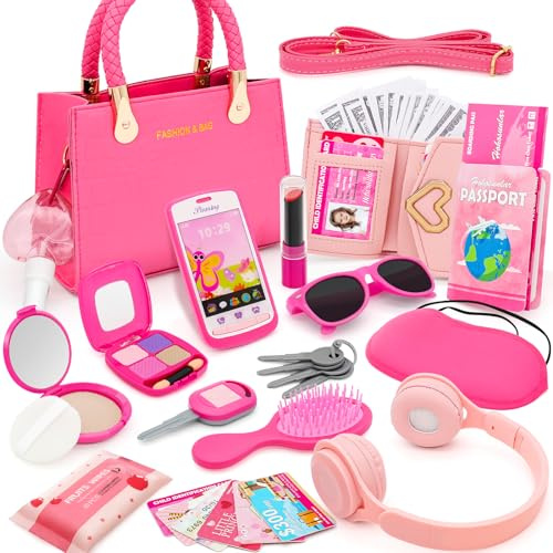 Hohosunlar Mädchen Handtasche mit Falsches Make-up-Spielzeug für Kinder | Mädchen Tasche, Kopfhörer, Geldbörse, Telefon, Sonnenbrille, Schlüssel, Kreditkarten, Geburtstagsgeschenk für Mädchen 3+