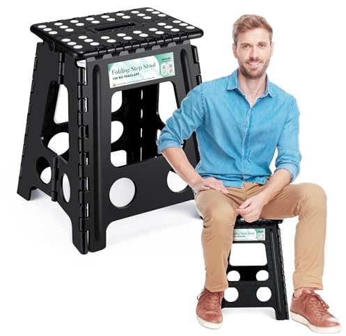 Heimwohl Tritthocker Klappbar 40cm Schwarz, 2025 Upgrade Klapphocker Faltbar mit 150kg Tragfähigkeit, Falthocker mit Sicherheitsverriegelung & Drehgriff, Ideal für Zuhause, Büro, Draußen, Pferdepflege