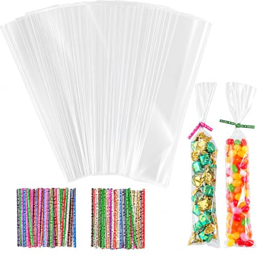 200 Cellophantüten Klar Klein,25 x 5cm Süßigkeiten Tüten Kekstüten | Geschenkfolie Transparent,Zellophantüten Kleine Plastiktüten mit Twist, OPP Candybar Tüten für Schokolade Lutscher Stabkerzen