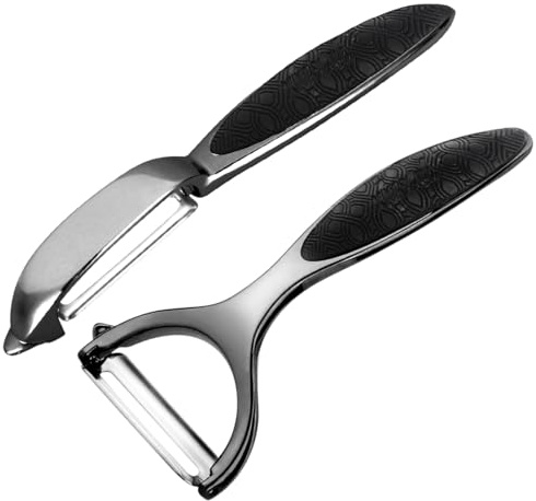 Leaflai Schäler - 2Pcs Schäler Set Premium Edelstahl Y & I-förmiges Drehbares Gemüsemesser mit Scharfer Klinge und Rutschfestem Griff Kartoffelschäler Gemüse für Tomaten, Karotten, Obst (Schwarz)