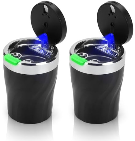 LYCXAMES 2 Stück Aschenbecher Auto, Tragbarer Metall Rauchfreier Aschenbecher mit Deckel und LED Licht für Autos Vans Outdoor Camping