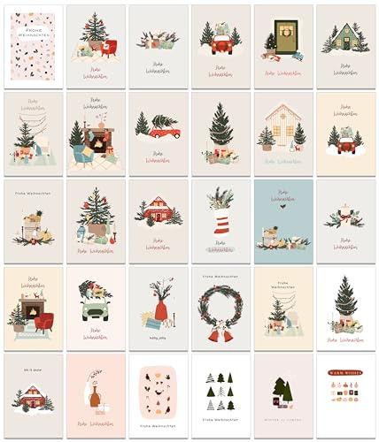 Weihnachtskarten mit Umschlag Set 30 verschiedene Designs - Boho Klappkarten Weihnachtsgrußkarten
