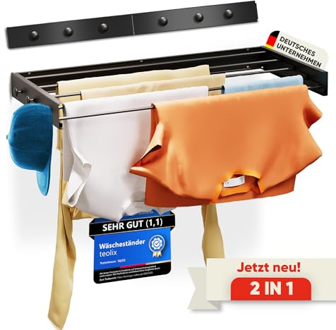 teolix Wäscheständer Wandmontage [2in1 mit extra Kleiderhaken] Ausziehbar und Platzsparend | Wäschetrockner Klein für Wand | Clothes Drying Rack Zeitlos Praktisch - (Schwarz, 80cm)