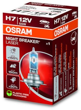 Osram NIGHT BREAKER LASER H7, +150% mehr Helligkeit, Halogen-Scheinwerferlampe, 64210NL, 12V PKW, Faltschachtel (1 Lampe)