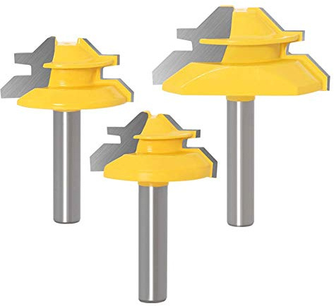 WSOOX 45 Grad Verleimfräser Gehrung Fräse Set, 3 Stück 8mm Schaft Verleimfräser Oberfräser, 45° Lock Miter Router Bit Holzbearbeitung Schneidwerkzeug für Graviermaschine Trimmmaschine