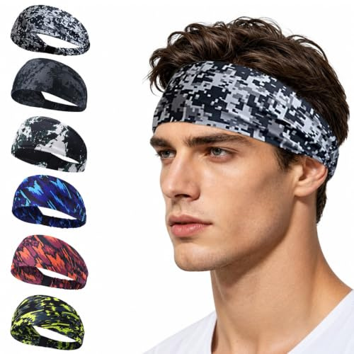 Sport-Stirnband für Herren 6-teilig – Hochwertiges Haarband Herren mit atmungsaktiver, stretchiger Schweißabsorption & 6 trendigen Designs, ideal für Fitness, Laufen & Sport