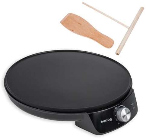 Huslog Crêpes Maker für Crepes 29 cm Crepesmaker 1200W Crepes-Eisen für süße Crepes mit Verteiler und Wender Pfannkuchenmaker herzhafte Galettes Antihaft-Platte Schwarz