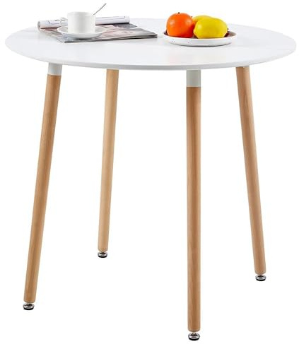 H.J WeDoo MDF Runder Esstisch Buchenholz Esszimmer Tisch Küchentisch Holztisch, 80 * 80 * 75 cm, 4 Beine Natur, Weiß