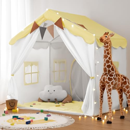 besrey 2 IN 1 Kinderzelt, Kinder Spielhaus Indoor mit Matte und Lichtern, Kinder Bettzelt,Spielzelt für Drinnen,Prinzessin Zelt, Kinderspielhaus, Kuschelecke Kinderzimmer Dekor ab 3 Jahre gelb