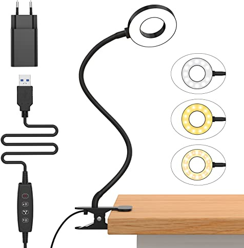 iZELL 23 LED Leselampe Bett Dimmbar -【3 Modi & 10 Helligkeitsstufen】 Augenschutz Klemmlampe mit 40cm Flexiblem Schwanenhal, Buchlampe, Schreibtischlampe mit 10W USB-Ladegerät