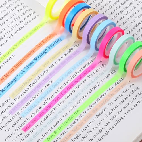 simarro 10 Rollen Highlight Strips Farbiges Fluoreszierende Haftnotizen | Klebezettel Transparentes Klebeband Abnehmbare Textmarker Klebeband für Lesen Notizen Machen Lehrer Schüler