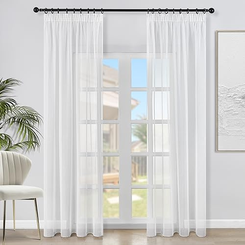 Topfinel Voile Vorhänge Leinenstruktur mit Kräuselband Lichtdurchlässig Einfarbig für Fenster Wohnzimmer Schlafzimmer Moderne und Elegante Gardine 2er Set je 240x140cm (HxB) Weiß
