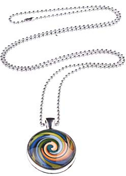 Adi Modeschmuck Kette 'Sabrina', 70cm lange Kugelkette mit einem zweiseitigen 25mm Anhänger mit farbigen Motiven unter Glas Cabochons, handgearbeitet in Berlin