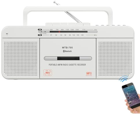 WTB-795 Retro Kassettenspieler mit USB/Bluetooth/AM/FM-Radio-Stereo, integriertem Mikrofonrecorder, Kassetten-zu-MP3-Konverter, Großer Lautsprecher, Kopfhöreranschluss, Zwei 3” Lautsprecher, Tragbar