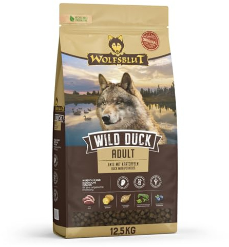 WOLFSBLUT – Wild Duck Adult | Trockenfutter mit natürlichen Zutaten und Superfoods für ausgewachsene Hunde. Getreidefreies Alleinfutter ohne Zusatzstoffe im Beutel | 12,5kg Ente