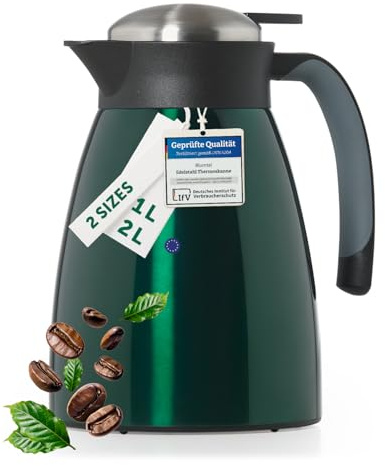 Blumtal Thermoskanne 1l - BPA-freie Teekanne mit Quick Tip Verschluss - auslaufsichere Kaffeekanne thermo für langanhaltende Isolation - Isolierkanne 1l - Thermoskannen - Kaffee Thermoskanne in Grün