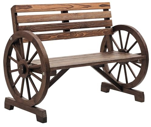 Outsunny 2-Sitzer Gartenbank, wetterfest Sitzbank, Gartenmöbel mit Rücken, Armlehnen im Rädernform Parkbank 240kg belastbar, Balkonbank, Holzbank für Balkon, Garten, 105,5 x 56 x 79 cm, Braun