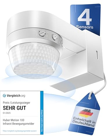 HUBER Motion 100 Infrarot Bewegungsmelder 360° mit 4 Sensoren und Fresnel-Linse - IP65 Bewegungsmelder LED geeignet I inkl. Unterkriechschutz & Bereichsbegrenzung, Wand-/Deckenmontage, weiß