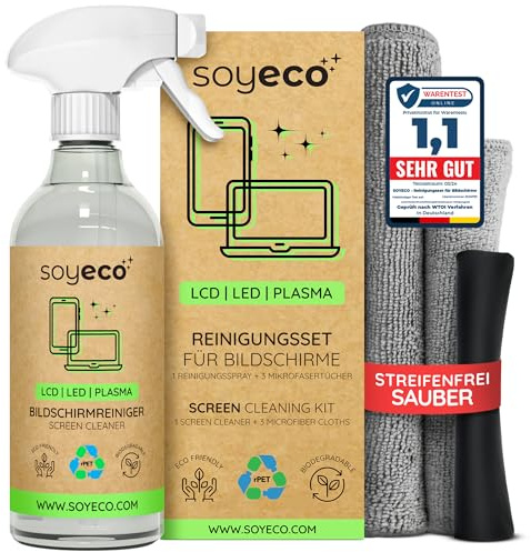 500ml Bildschirmreinigungsspray + 3X Mikrofasertuch: 40x40cm, 30x30cm, | Reinigungsflüssigkeit | Für Smartphone, Laptop, Tablet, TV, LCD/TFT, LED, OLED, Monitore, Uhren | Kein Verschmieren