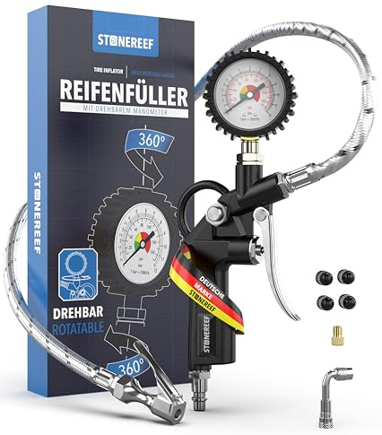 Reifenfüller mit drehbarem Manometer [inkl. Adapter & Ersatzkappen] – Reifendruckfüller für Werkstatt, Auto und Fahrrad – Reifenfüller mit Schlauch und Luftdruckprüfer für Kompressor