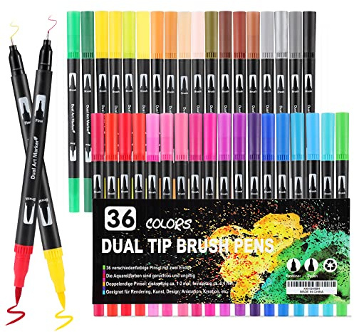 Mzh Art Dual Brush Pen Set 36 Farben Doppelfilzstifte, Malstifte für Kinder und Erwachsene, Faserschreiber und Fineliner Set für Aquarelle, Handlettering Mandala Kalligraphie Manga, 0.4 &1-2mm