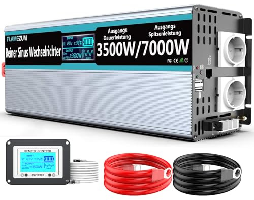 FLAMEZUM 3500W/7000W Wechselrichter 12V auf 230V Reiner Sinus Spannungswandler Power Inverter mit Fernbedienung LED-Anzeige & 2 EU AC Steckdosen & 2 USB Port für Auto, Wohnwagen, Boot, Camping