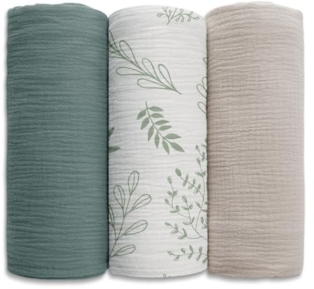 Soarwg Kids Musselin Tuch Baby Pucktücher für Neugeborene, 3 Stück Musselin Decke, große 95 x 100cm Babydecke - Baby Swaddle Decke Spucktücher, Wickeltuch wesentliche Artikel für Babyparty Grün