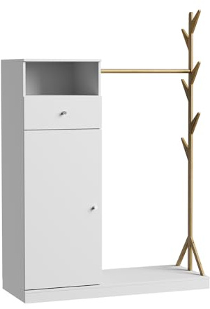Vicco Garderobenschrank Liria, Weiß/Bambus, 100 x 145 cm mit Schublade, mit Ablagefläche für Schuhe und offene Garderobenhaken