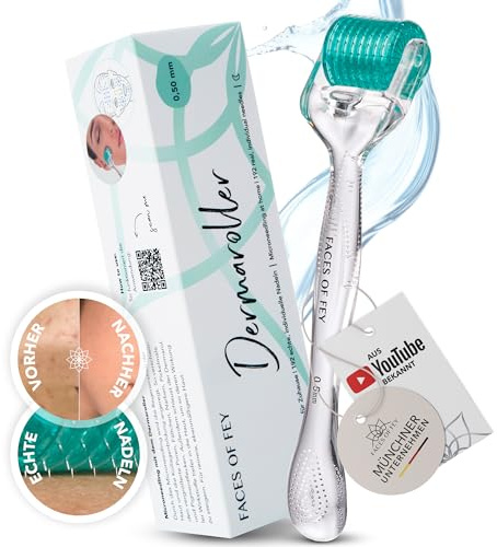 FACES OF FEY Dermaroller Gesicht 0,5mm – 192 Echte Nadeln aus Chirurgenstahl – Microneedling Roller für Gesicht & Körper – Derma Roller für professionelles Micro Needling zuhause