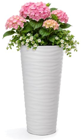 MELTOM Blumentopf Pflanzkübel Rund Ø 29,5 x H 56,5 cm Weiß Hoch | Gefäß 25 L, Innentopf 5,5 L mit zwei Griffen herausnehmbar · für Innen & Außen · plastisches 3D-Wellenrelief · ohne Abfluss