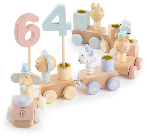 Bieco Geburtstagszug Holz - Candy Look 0-99 Jahre mit 6 Kerzen - Tischdeko Kindergeburtstag Kerzen Geburtstag Zug Geburtstagszug Mädchen Geburtstagskranz Geburtstagskerzen Zug Geburtstagsring Deko