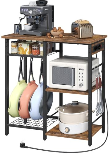 MAHANCRIS Küchenregal mit Steckdosen, Standregal mit 6 Haken, Bäckerregal mit Haken, 30 x 80 x 78,5 cm, Mikrowellenständer, für Küche, Esszimmer, Rustikales Braun und Schwarz ABRHR80UE01