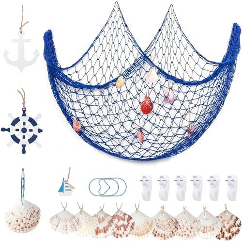 YSDMY Dekoratives Fischernetz 1.5M*2M Nautisches Fischnetz mit Muscheln，Segelboot，Steuerrad，Holzanker，bildaufhänger ，Büroklammern für die nautische Dekorationsparty zu Hause（Blau）