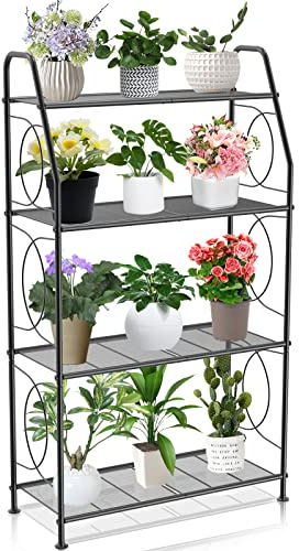 VyGrow Pflanzenständer, 4-stöckiges Pflanzenregal für drinnen draußen, robuster Metall-Trägerhalter für Außenpflanzenständer für Wohnzimmer, Balkon und Garten, schwarz