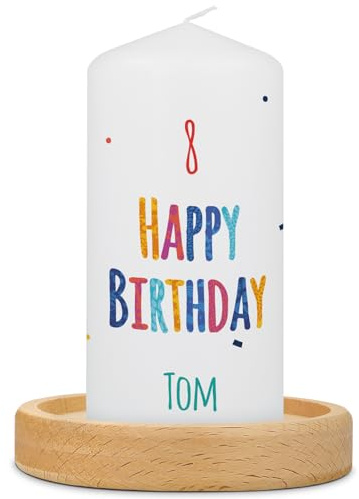 GRAVURZEILE Bedruckte Kleine Kerze - Geburtstagskerze Happy Birthday - Personalisiert mit Name & Alter - brilliant bedruckte Kerze - Geschenk für Mädchen & Jungen zum Kinder Geburtstag