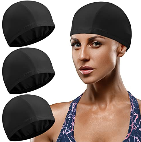 3 Stück Elastische Badekappen Bequemer Stoff Schwimmhaube Unisex Badehaube rutschfeste Schwimmkappen für Frauen Männer Kinder