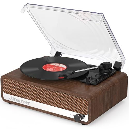 Udreamer Plattenspieler mit Lautsprecher Bluetooth Plattenspieler Vintage Vinyl Player Unterstützt USB AUX-Eingang Kopfhörer RCA Line-Out 3 Geschwindigkeiten Riemenantrieb Spiegeldesign Nussbaum