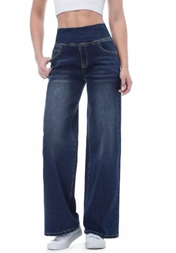 Chasehot Baggy Jeans Damen,Pull On Wide Leg Jeans Mit Gummibund High Waist Stretch,Weites Bein Jeans Damen Mit 4 Taschen