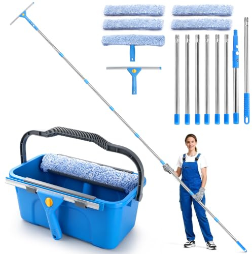 3,1m Profi Teleskop Fensterreiniger Set mit Fensterputzeimer 12L | Teleskopstange Fensterputzer Set mit 35,5CM Fensterwischer, Fenster Reinigungsset für Haus, Fenster, Glas, Auto, Outdoor