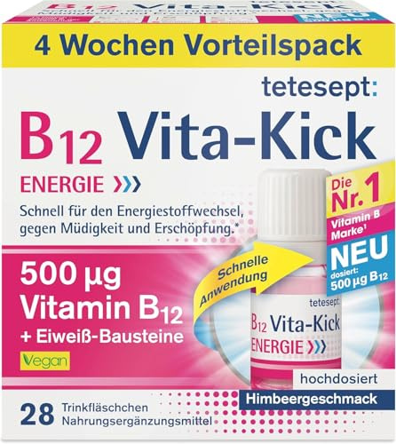 tetesept B12 Vita-Kick Trinkampullen - Monatspackung à 28 Trinkfläschchen - Nahrungsergänzungsmittel für schnelle Energie & Leistungsfähigkeit – Vitamin B12 Ampullen mit Eiweiß-Bausteinen