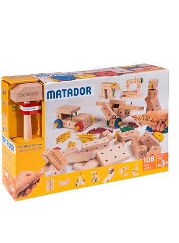 Matador Kinder Baukasten ab 3 Jahren 108-tlg. - Spannendes Holz Konstruktionsspielzeug zur Schulung von Kreativität und Feinmotorik, Bauspielzeug mit Stäbchen, Klötzen, Hammer & Zange