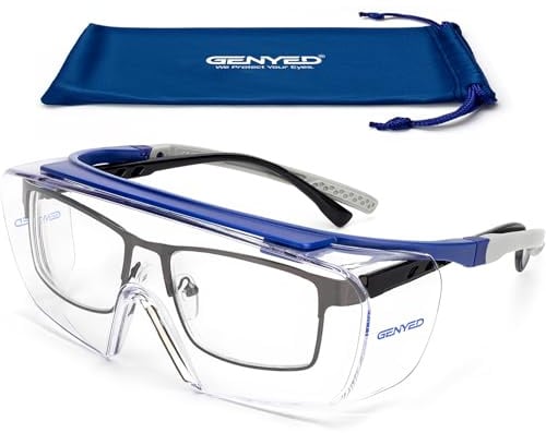 GENYED Schutzbrille für Brillenträger, Sicherheits-Überbrille, kratzfest, beschlagfrei, UV400-Gläser, verstellbare Bügel, Wrap-around, Sicherheitsbrille