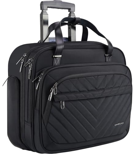 VANKEAN Rollende Laptoptasche,für bis zu 15,6 Zoll Rollende Aktentasche | Wasserabweisend Rollende Computertasche mit RFID-Taschen für Reisen/Business/Schule,Schwarz