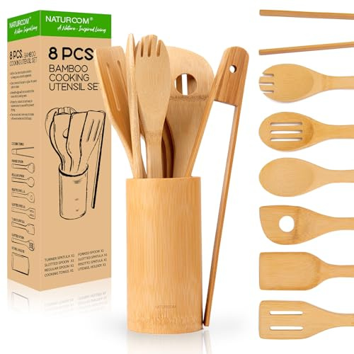 Naturoom Küchenutensilien-Set aus 8 Stück, 30,5 cm Bambus-Holz-Kochlöffel & Pfannenwender Perfekt für Antihaft-Kochgeschirr (Bambus 30,5 cm)