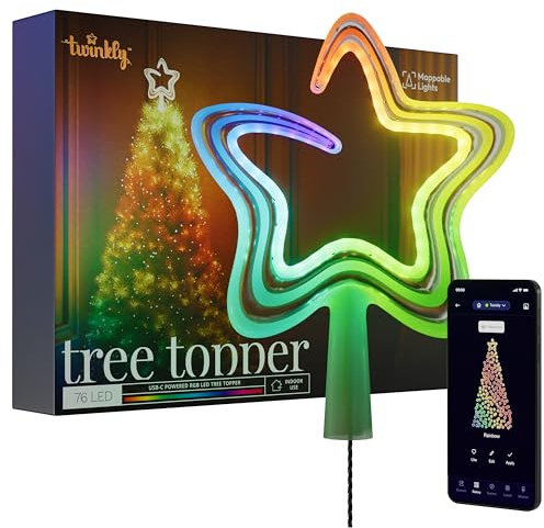 Twinkly Baumspitze, Helle Christbaumspitze, Stern mit 76 Kartierbaren RGB-LEDs, USB Typ C, Smarte Mehrfarbige LED-Lichter, Kompatibel mit Alexa und Google Home, App-Steuerung