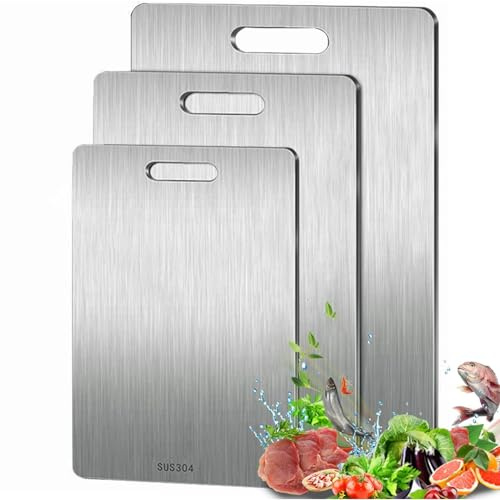 3PCS Titan Schneidbrett,Arbeitsplatte Rutschproof Edelstahl Stick Proof Schneidbrett,Doppelseitige Lebensmittelqualität,Titan Schneidmatte Schneidbretten für Fleisch,Gemüse